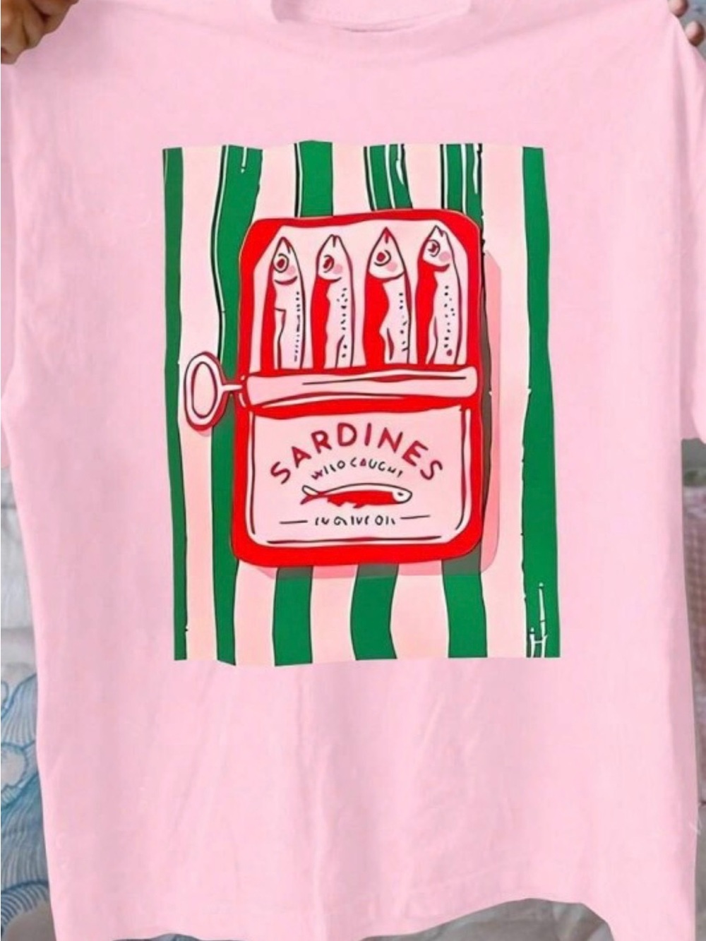 Pink Sardines Graphic Tee with Green Stripes